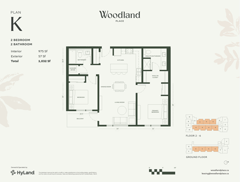 Floor plan for 2 beds, 2 baths, 975 sqft